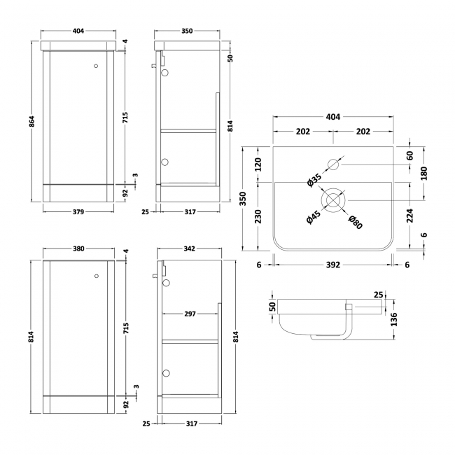 Nuie Core Floor Standing 1-Door Vanity Unit with Thin Edge Basin 400mm Wide - Satin Anthracite