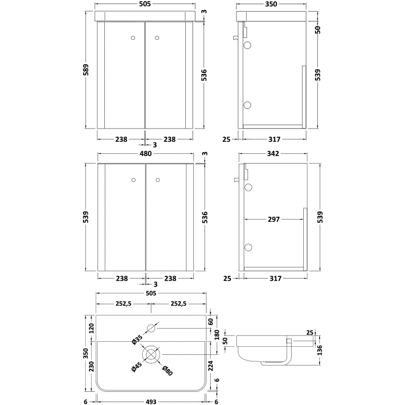 Nuie Core Wall Hung 2-Door Vanity Unit with Thin Edge Basin 500mm Wide - Satin Anthracite