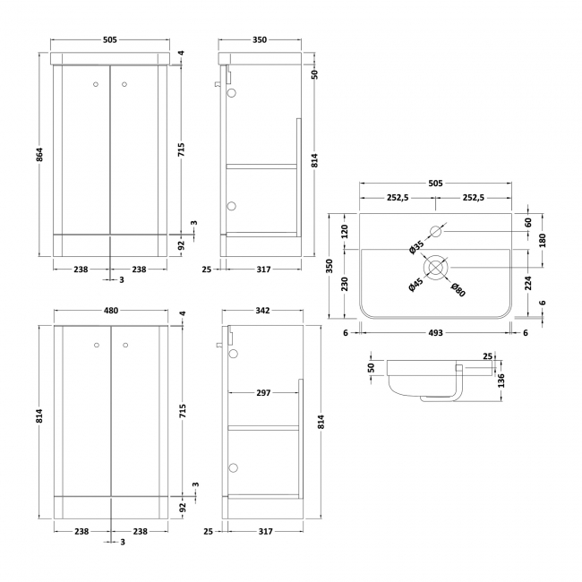 Nuie Core Floor Standing 2-Door Vanity Unit with Thin Edge Basin 500mm Wide - Satin Green