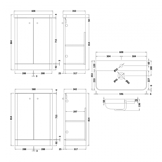 Nuie Core Floor Standing 2-Door Vanity Unit with Thin Edge Basin 600mm Wide - Gloss White