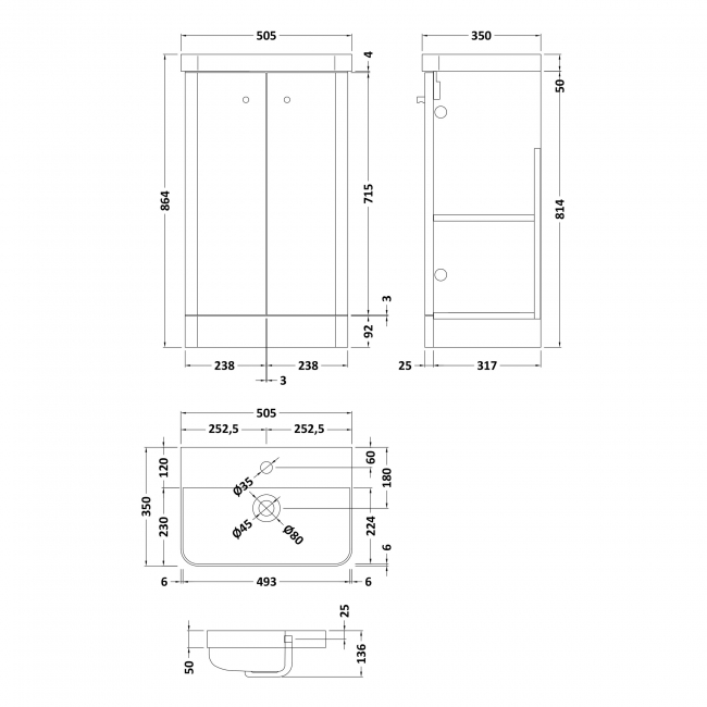 Nuie Core Floor Standing 2-Door Vanity Unit with Thin Edge Basin 500mm Wide - Satin Anthracite