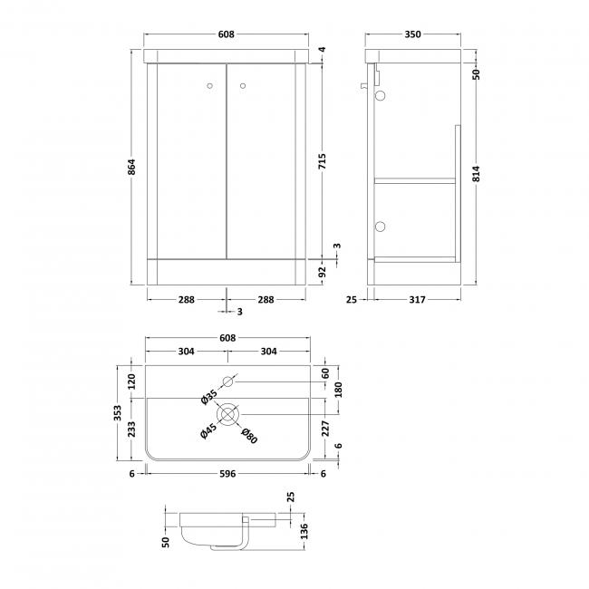 Nuie Core Floor Standing 2-Door Vanity Unit with Thin Edge Basin 600mm Wide - Satin Anthracite