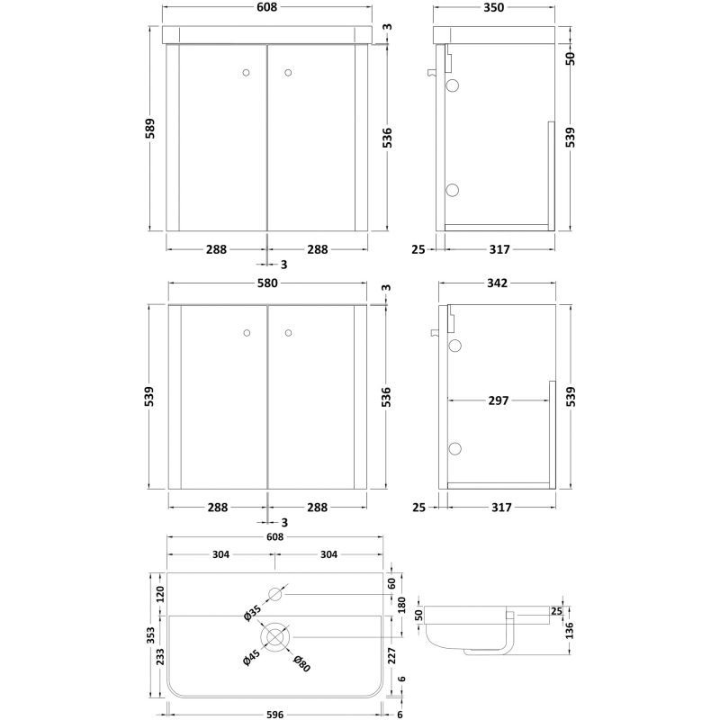 Nuie Core Wall Hung 2-Door Vanity Unit with Thin Edge Basin 600mm Wide - Satin Green