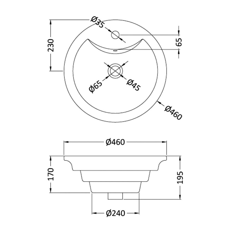 Nuie Vessel Sit-On Countertop Basin 460mm Diameter - 1 Tap Hole