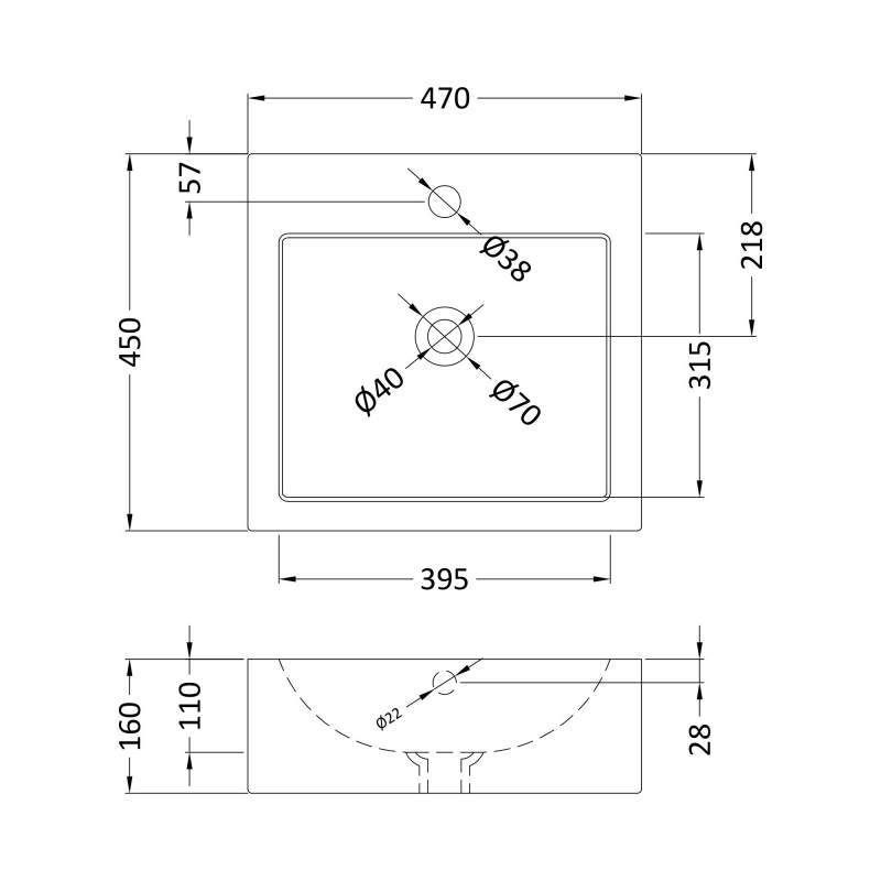 Nuie Vessel Sit-On Countertop Basin 470mm Wide - 1 Tap Hole