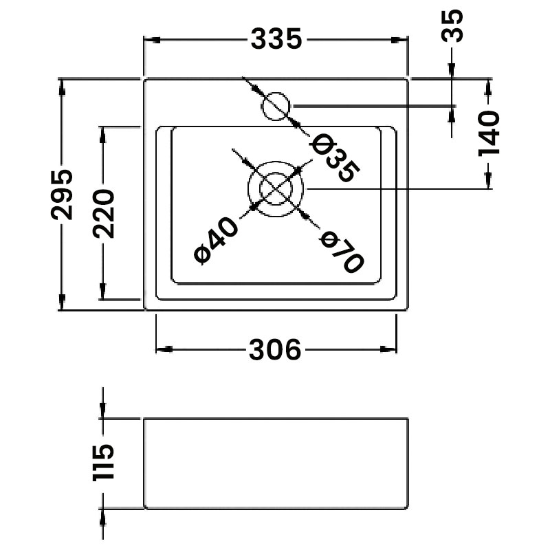 Nuie Vessel Rectangular Sit-On Countertop Basin 335mm Wide - 1 Tap Hole