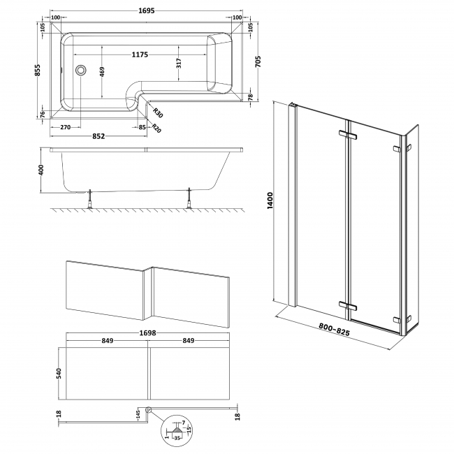 Nuie Cove L-Shaped Shower Bath Hinged Screen 1700mm x 700mm/850mm - Left Handed (inc Leg Set)  | Dimension Image