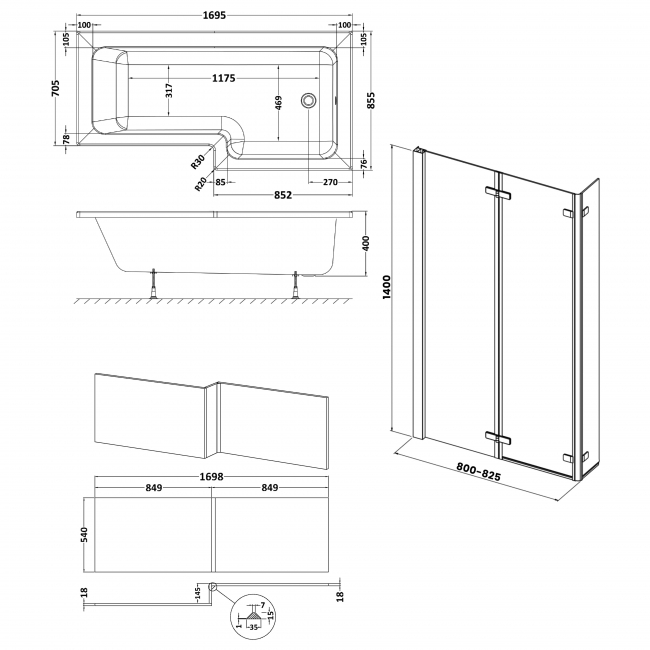 Nuie Cove L-Shaped Shower Bath Hinged Screen 1700mm x 700mm/850mm - Right Handed (inc Leg Set)
