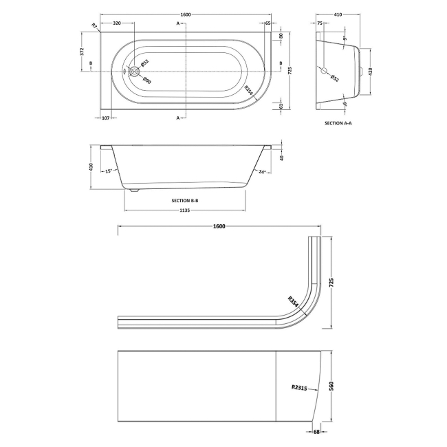 Nuie Crescent J-Shaped Back-to-Wall Bath and Panel 1600mm x 725mm - Left Handed  | Dimension Image