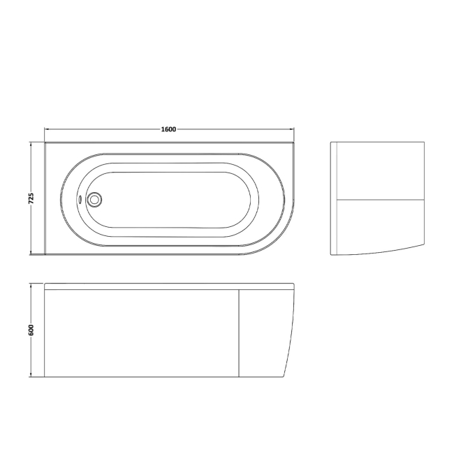 Nuie Crescent J-Shaped Back-to-Wall Bath and Panel 1600mm x 725mm - Left Handed  | Dimension Image