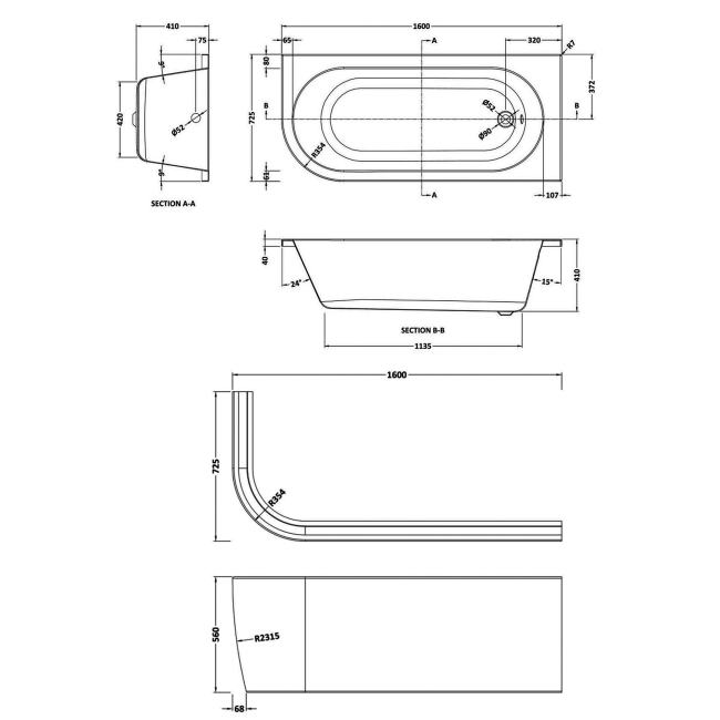 Nuie Crescent J-Shaped Back-to-Wall Bath and Panel 1600mm x 725mm - Right Handed  | Dimension Image
