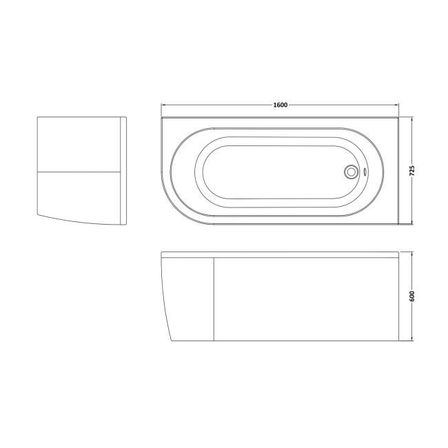 Nuie Crescent J-Shaped Back-to-Wall Bath and Panel 1600mm x 725mm - Right Handed  | Dimension Image