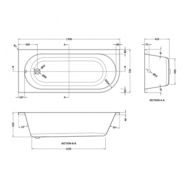 Nuie Crescent J-Shaped Back-to-Wall Bath and Panel 1700mm x 725mm - Left Handed