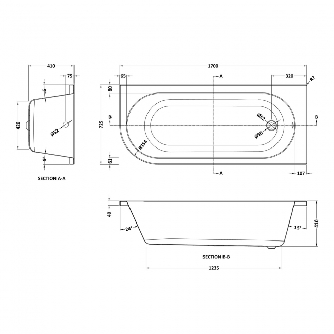 Nuie Crescent J-Shaped Back-to-Wall Bath and Panel 1700mm x 725mm - Right Handed