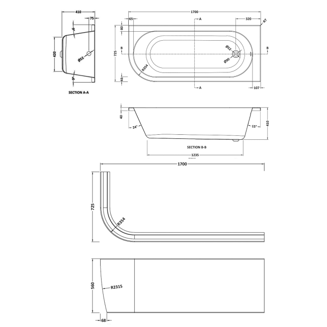Nuie Crescent J-Shaped Back-to-Wall Bath and Panel 1700mm x 725mm - Right Handed  | Dimension Image