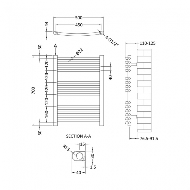 Nuie Curved Heated Towel Rail 700mm H x 500mm W - Anthracite