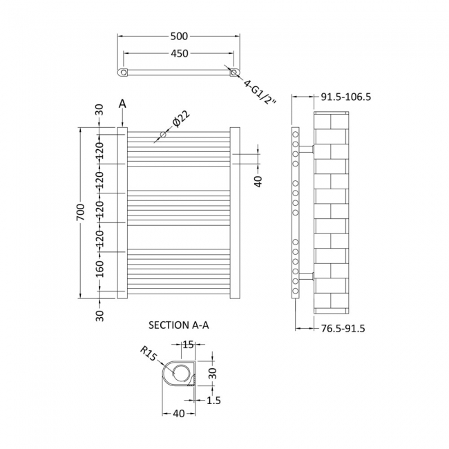 Nuie Straight Heated Towel Rail 700mm H x 500mm W - Anthracite
