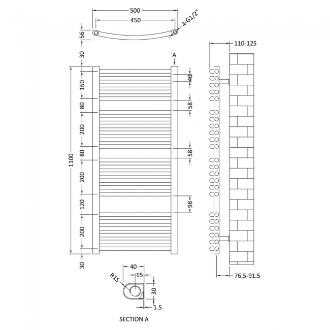 Nuie Curved Heated Towel Rail 1150mm H x 500mm W - Anthracite