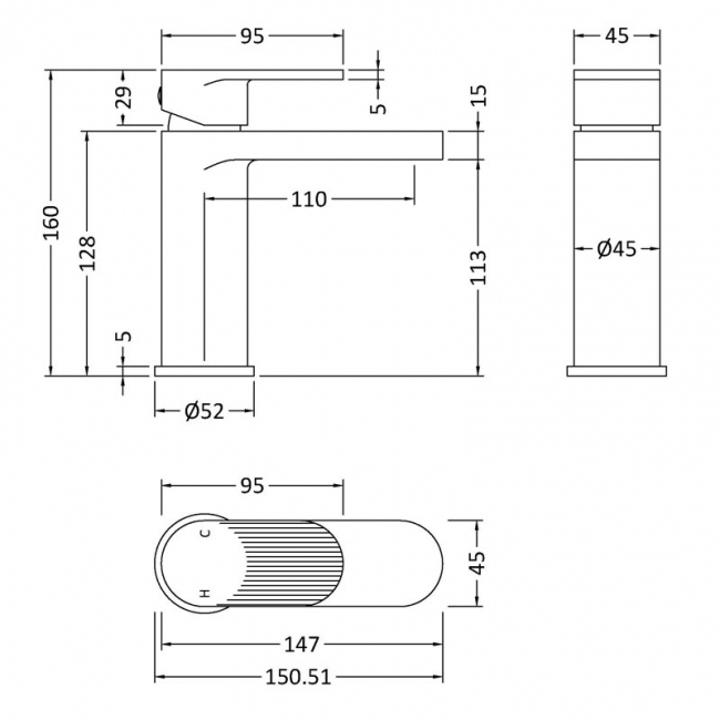 Nuie Cyprus Fluted Mono Basin Mixer Tap with Push Button Waste - Matt Black