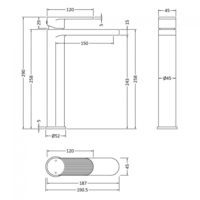 Nuie Cyprus Fluted Tall Mono Basin Mixer Tap - Matt Black