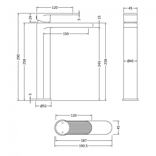Nuie Cyprus Fluted Tall Mono Basin Mixer Tap - Brushed Brass
