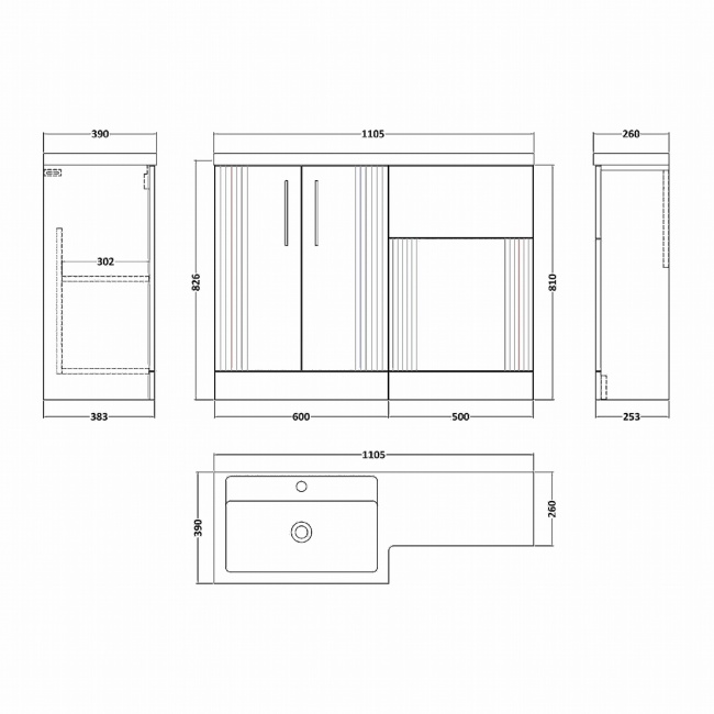 Deco 1100mm Combination Vanity Basin and Toilet Unit  | Dimension Image
