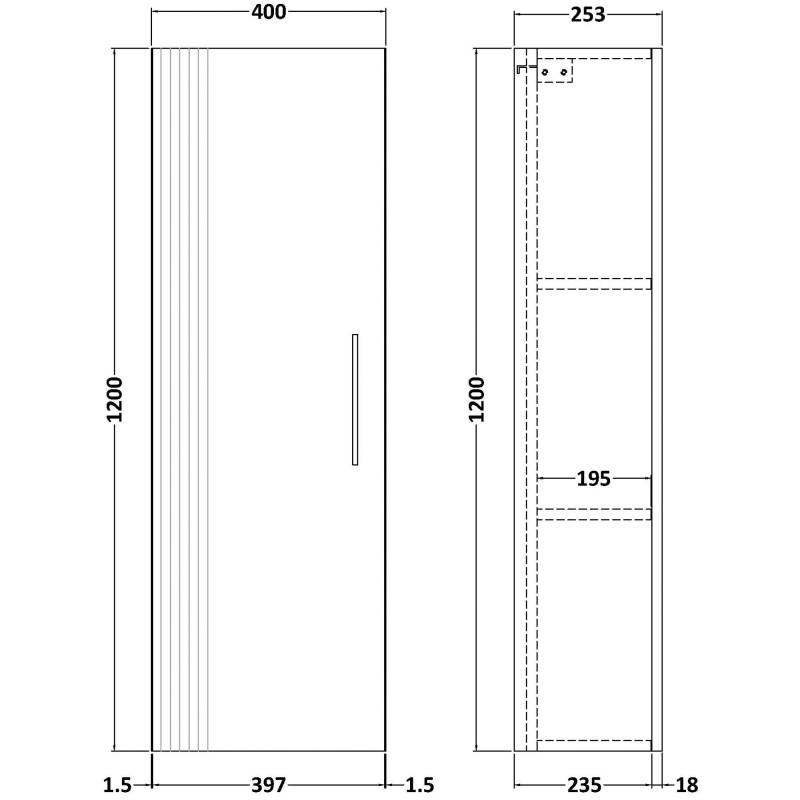 Nuie Deco Wall Hung 1-Door Tall Unit 400mm Wide - Satin Grey