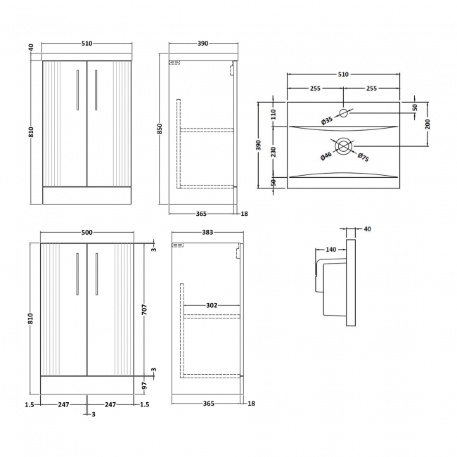Nuie Deco Floor Standing 2-Door Vanity Unit with Basin-1 500mm Wide - Satin Green