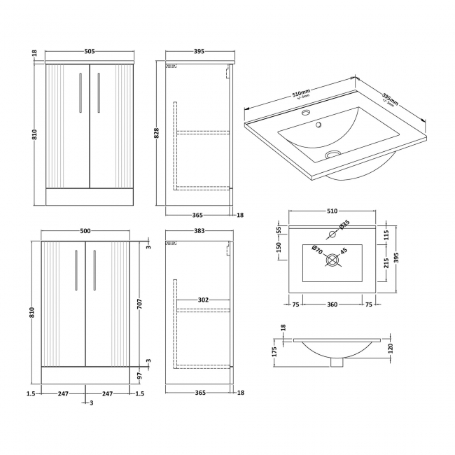 Nuie Deco Floor Standing 2-Door Vanity Unit with Basin-2 500mm Wide - Satin Anthracite