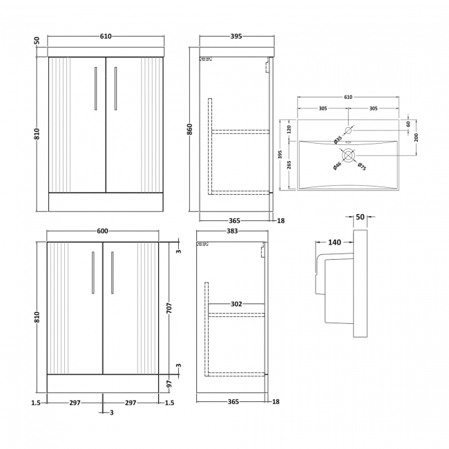 Nuie Deco Floor Standing 2-Door Vanity Unit with Basin-3 600mm Wide - Satin Anthracite