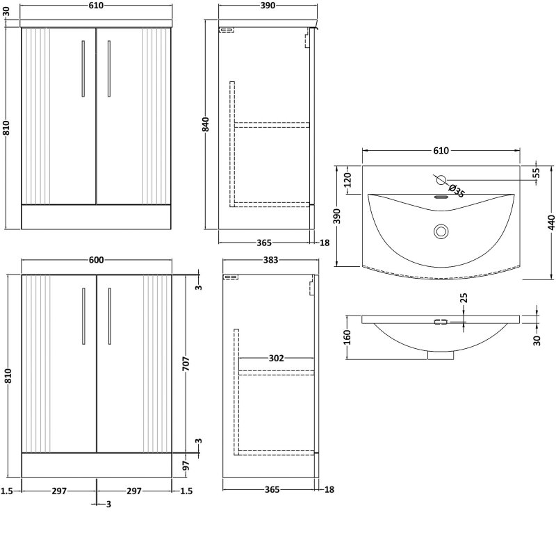 Nuie Deco Floor Standing 2-Door Vanity Unit with Basin-4 600mm Wide - Satin Green