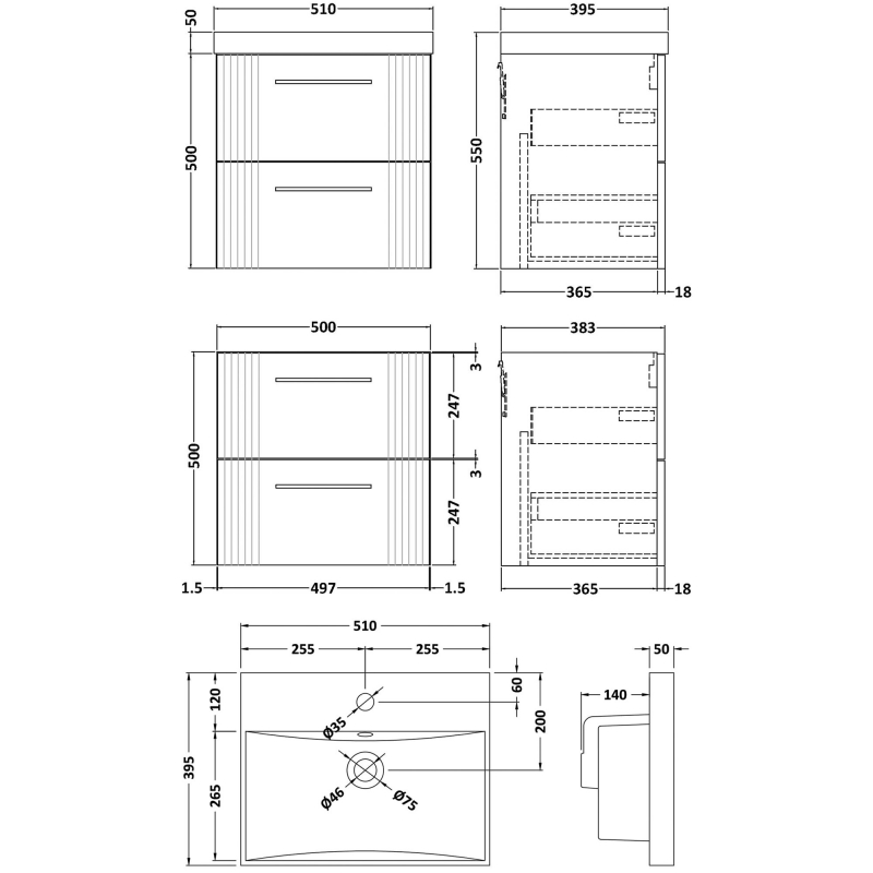 Nuie Deco Wall Hung 2-Drawer Vanity Unit with Basin-3 500mm Wide - Satin Anthracite