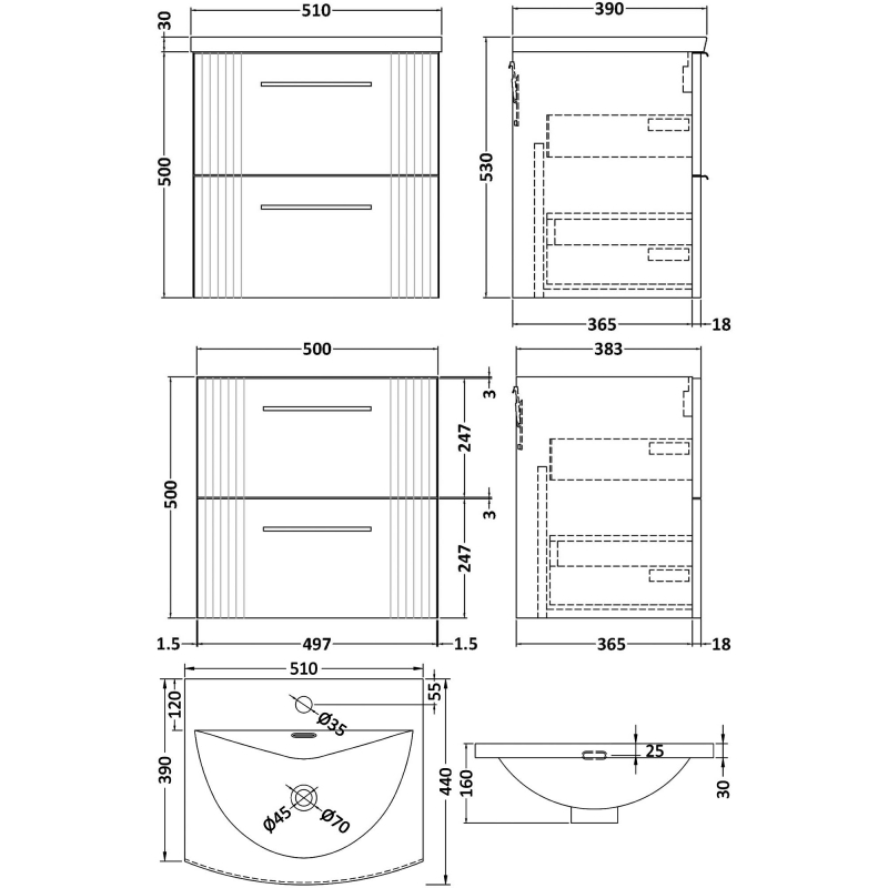 Nuie Deco Wall Hung 2-Drawer Vanity Unit with Basin-4 500mm Wide - Satin Anthracite