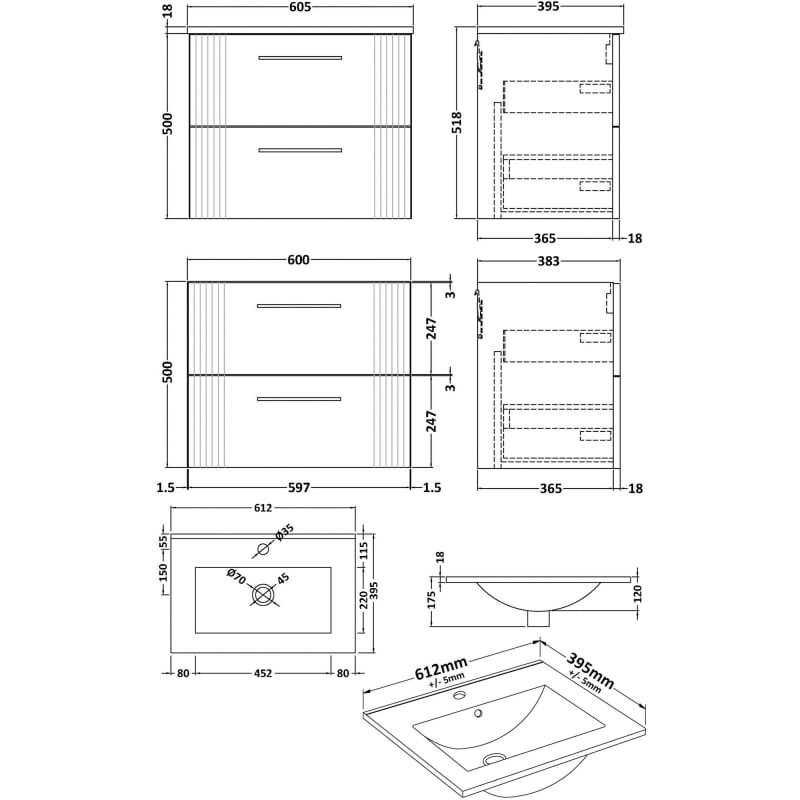 Nuie Deco Wall Hung 2-Drawer Vanity Unit with Basin-2 600mm Wide - Satin Anthracite