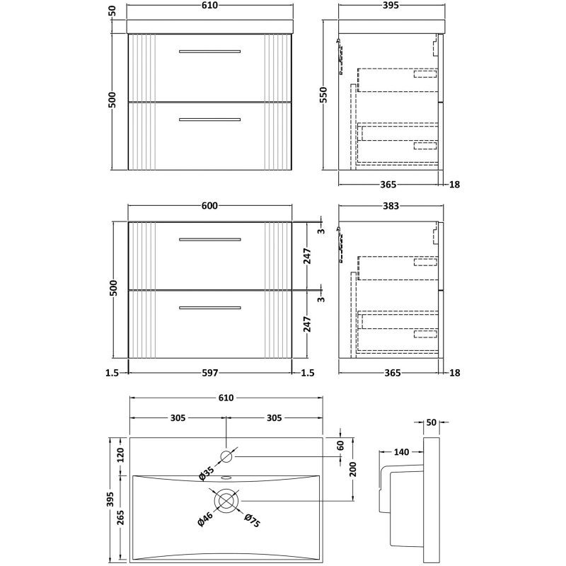 Nuie Deco Wall Hung 2-Drawer Vanity Unit with Basin-3 600mm Wide - Satin Anthracite