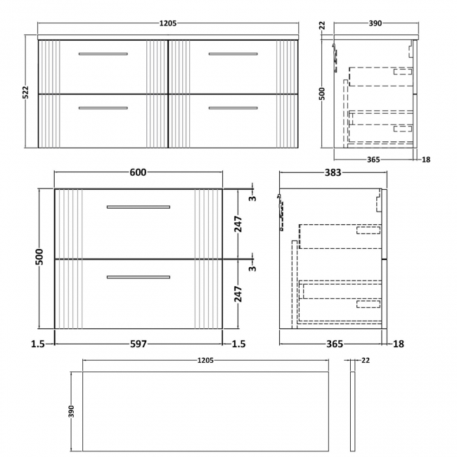 Nuie Deco Wall Hung 4-Drawer Vanity Unit with Carrera Marble Worktop 1200mm Wide - Satin Anthracite  | Dimension Image