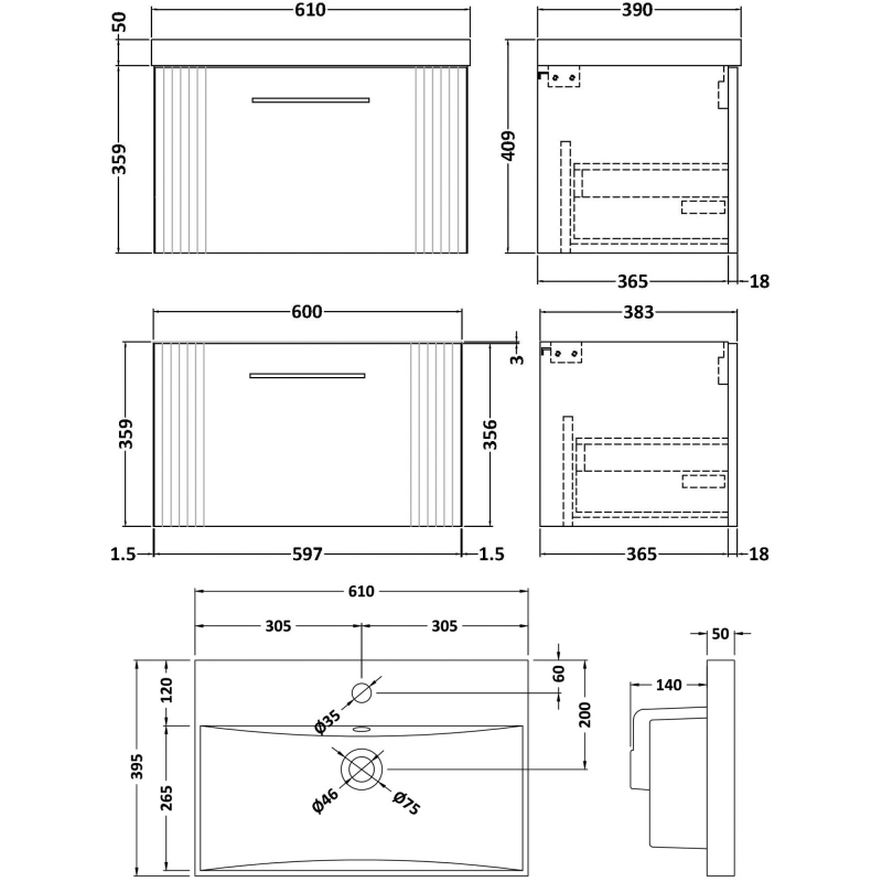 Nuie Deco Wall Hung 1-Drawer Vanity Unit with Basin-3 600mm Wide - Satin White