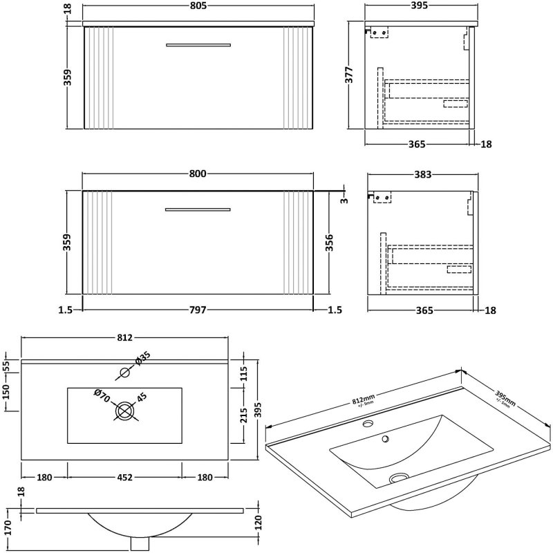 Nuie Deco Wall Hung 1-Drawer Vanity Unit with Basin-2 800mm Wide - Satin Grey