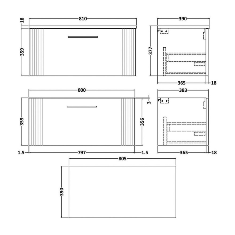Nuie Deco Wall Hung 1-Drawer Vanity Unit with Worktop 800mm Wide - Satin White