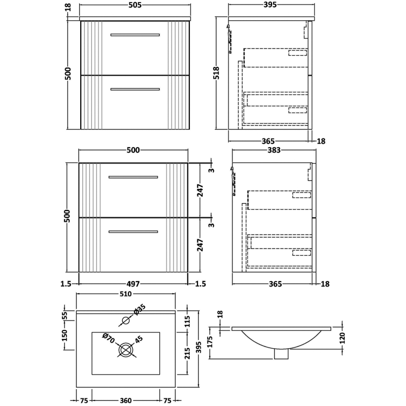 Nuie Deco Wall Hung 2-Drawer Vanity Unit with Basin-2 500mm Wide - Satin Grey