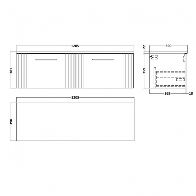 Nuie Deco Wall Hung 2-Drawer Vanity Unit with Bellato Grey Worktop 1200mm Wide - Satin White  | Dimension Image