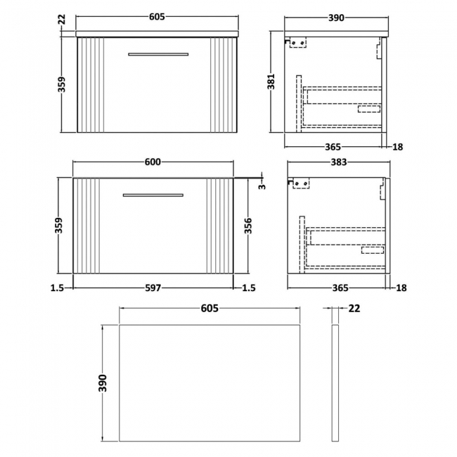 Nuie Deco Wall Hung 1-Drawer Vanity Unit with Carrera Marble Worktop 600mm Wide - Satin Anthracite  | Dimension Image