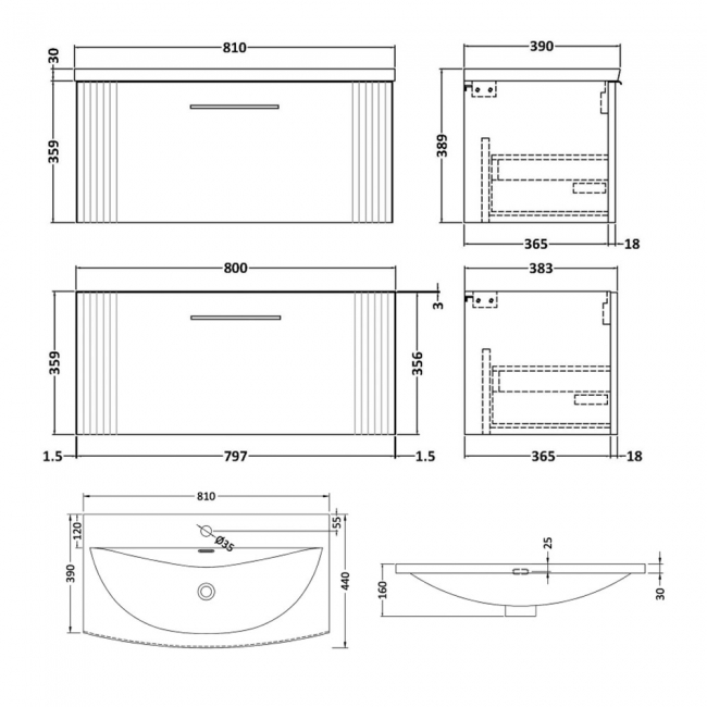Nuie Deco Wall Hung 1-Drawer Vanity Unit with Basin-4 800mm Wide - Satin Anthracite
