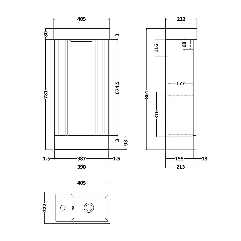 Nuie Deco Compact Floor Standing 1-Door Vanity Unit with Basin 400mm Wide - Satin Grey