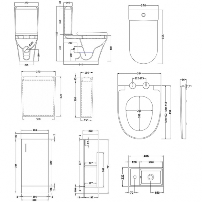 Nuie Bathroom Suite with Floor Standing Vanity Unit 400mm - 1 Tap Hole  | Dimension Image