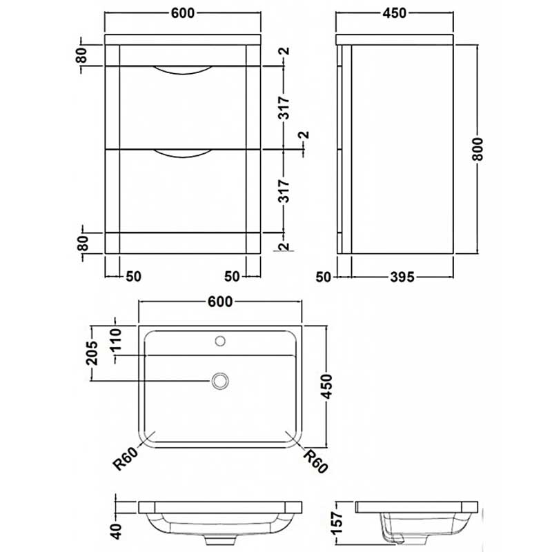 Nuie Eclipse Floor Standing 2-Drawer Vanity Unit with Basin-1 600mm Wide - Midnight Grey