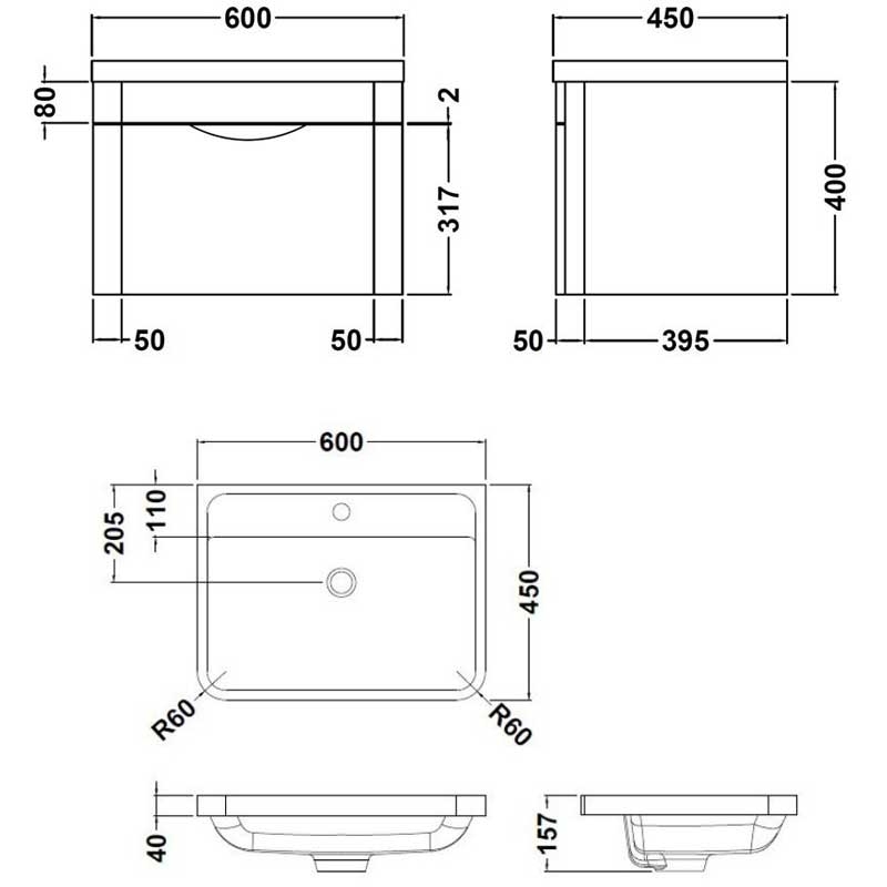 Nuie Eclipse Wall Hung 1-Drawer Vanity Unit with Basin-1 600mm Wide - Midnight Grey