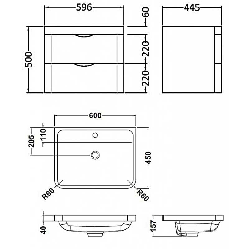 Nuie Eclipse Wall Hung 2-Drawer Vanity Unit with Basin 600mm Wide - Midnight Grey