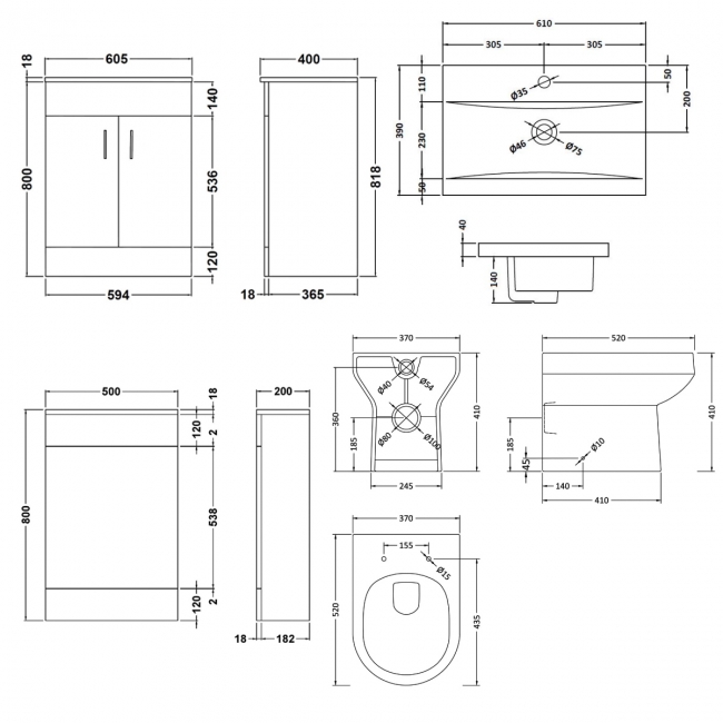 Nuie Eden Furniture Bathroom Suite with Vanity Unit and Mid Edge Basin - 600mm Wide  | Dimension Image