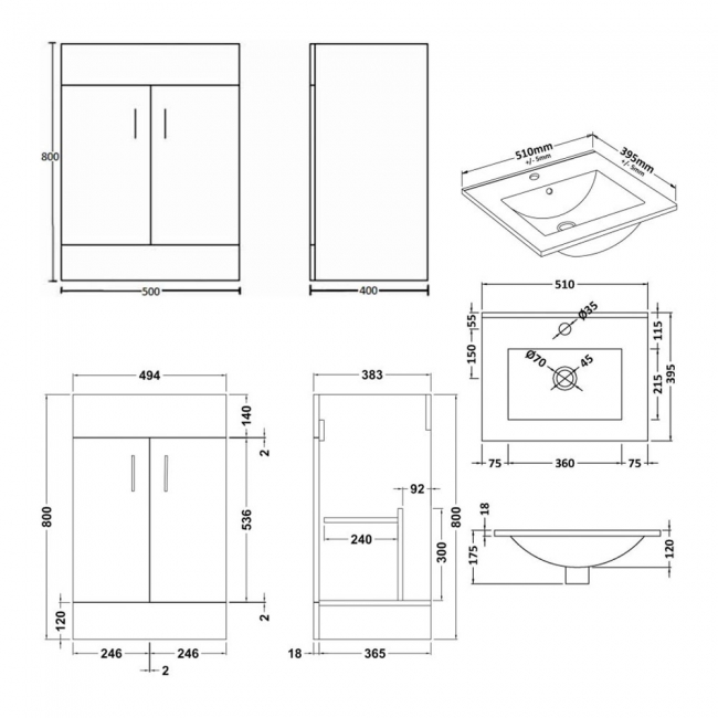 Nuie Eden Floor Standing 2-Door Vanity Unit with Basin-2 500mm Wide - Gloss White